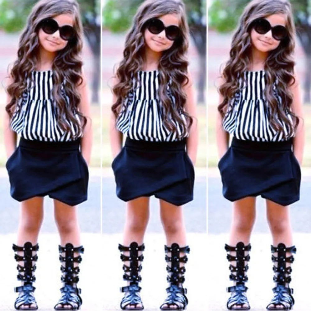 Girls Outfit Clothes Striped  Tops Shorts Set