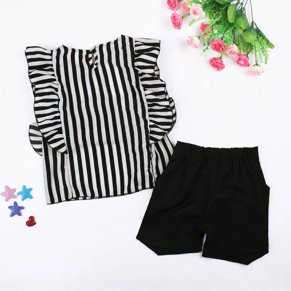 Girls Outfit Clothes Striped  Tops Shorts Set
