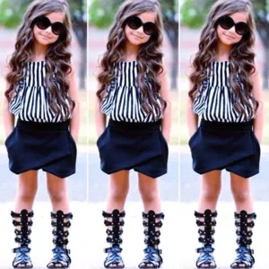 Girls Outfit Clothes Striped  Tops Shorts Set