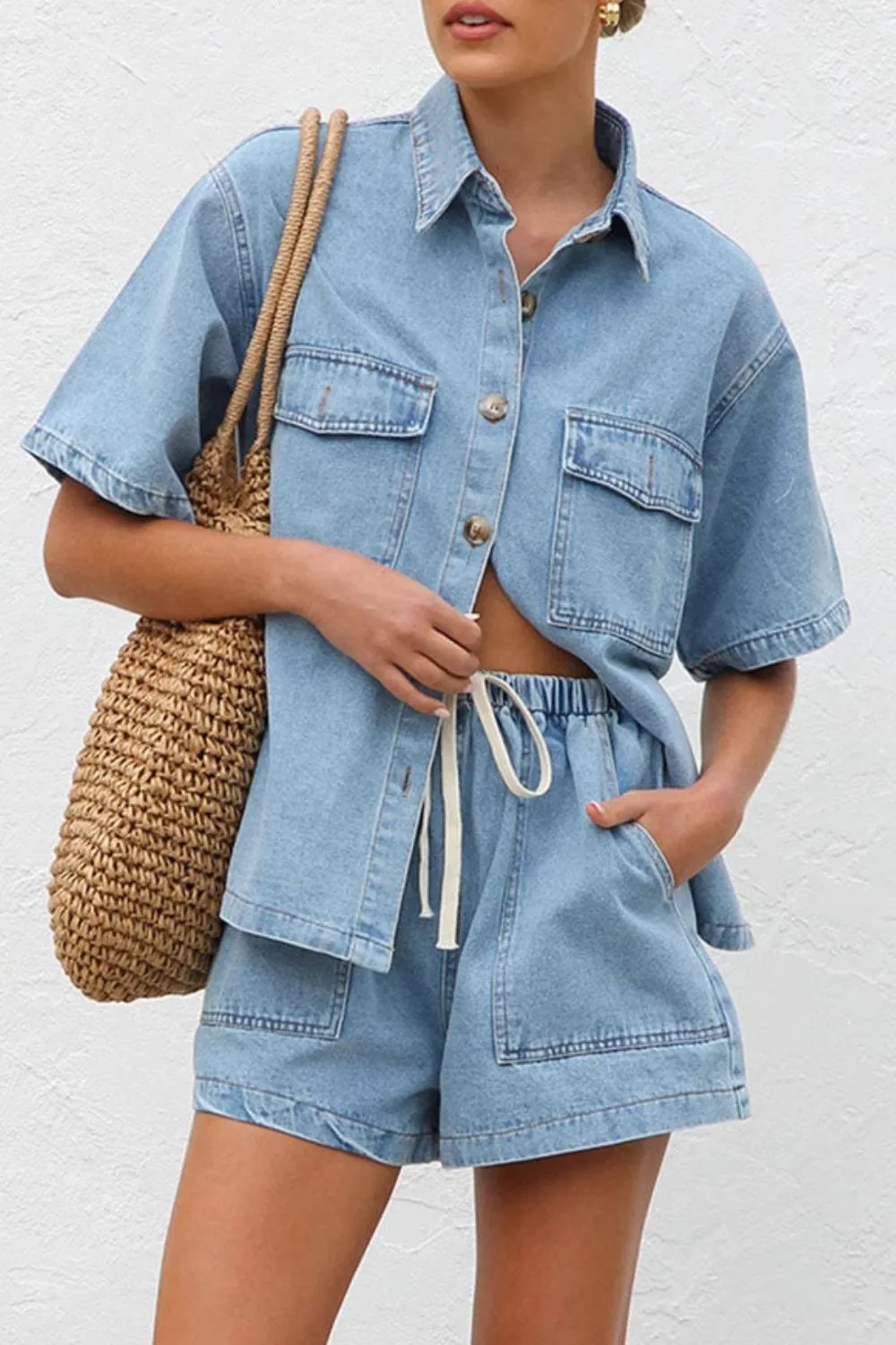 Hazel Blues® |  Collared Neck Button Up Top and Shorts Denim Set