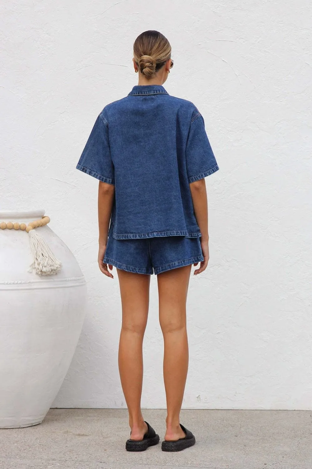 Hazel Blues® |  Collared Neck Button Up Top and Shorts Denim Set