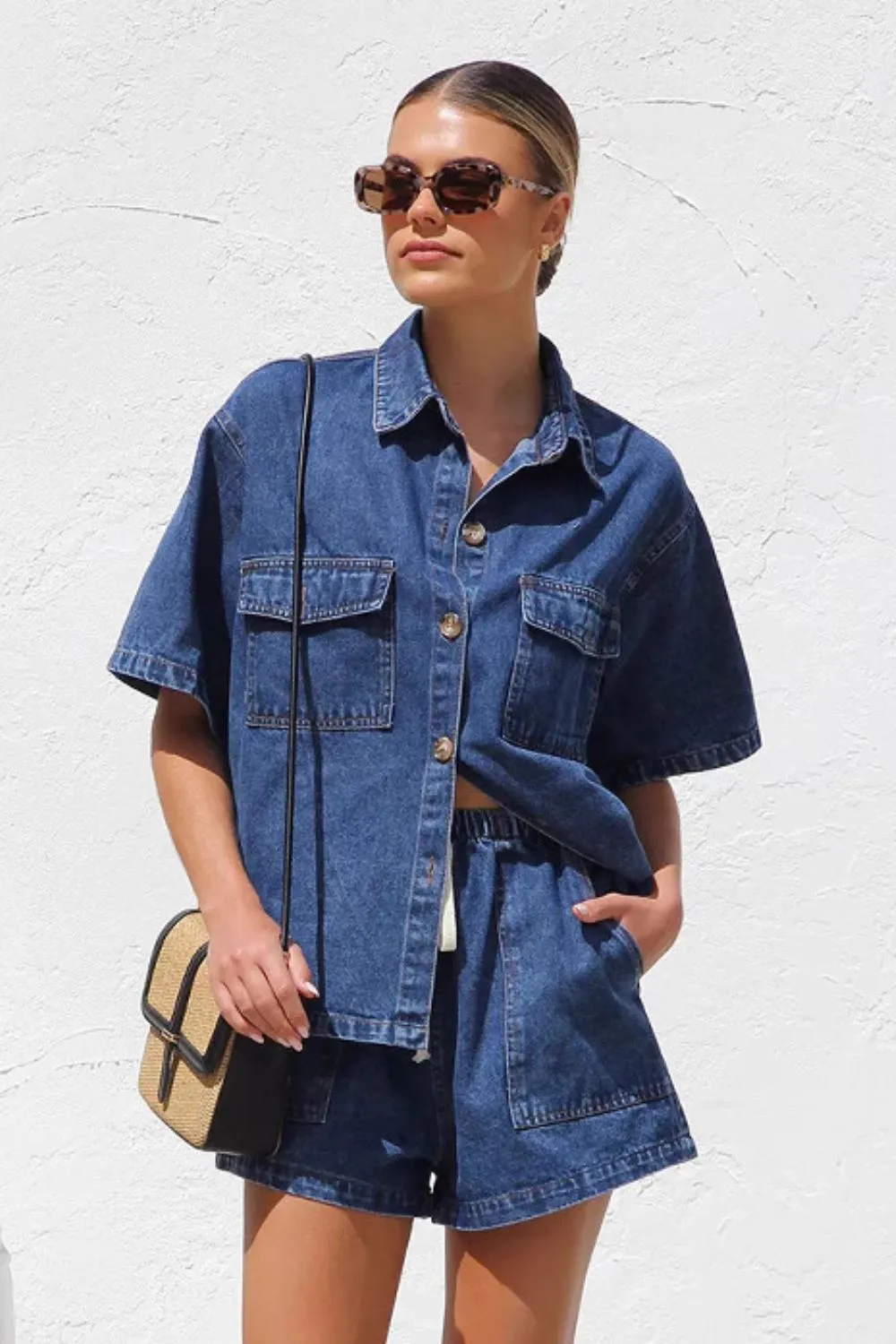 Hazel Blues® |  Collared Neck Button Up Top and Shorts Denim Set