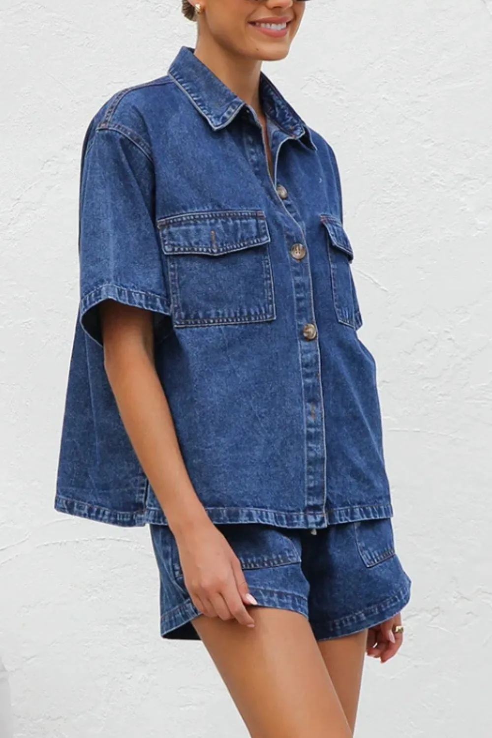 Hazel Blues® |  Collared Neck Button Up Top and Shorts Denim Set