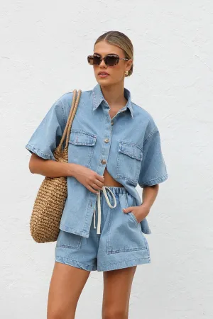 Hazel Blues® |  Collared Neck Button Up Top and Shorts Denim Set