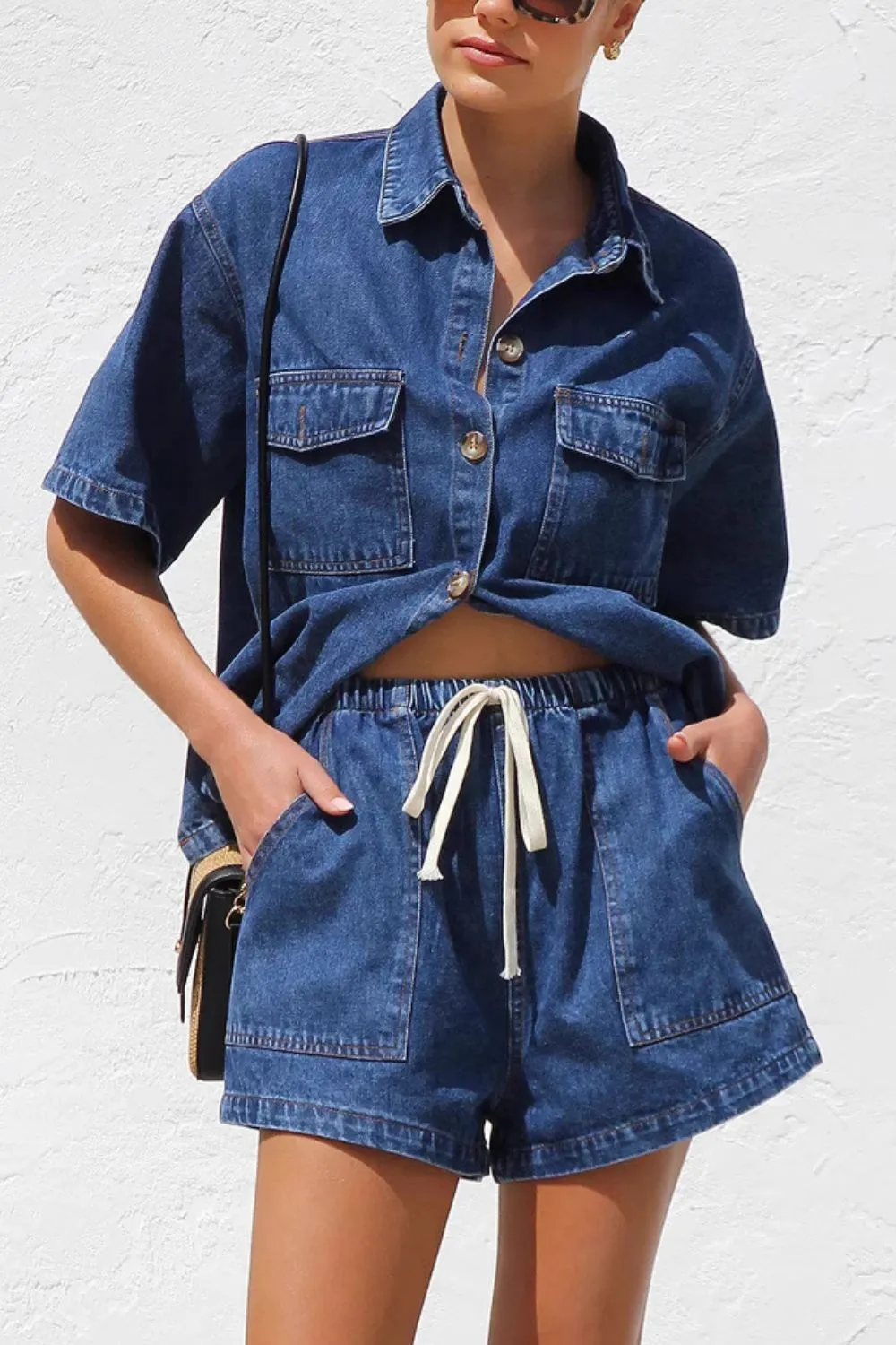 Hazel Blues® |  Collared Neck Button Up Top and Shorts Denim Set