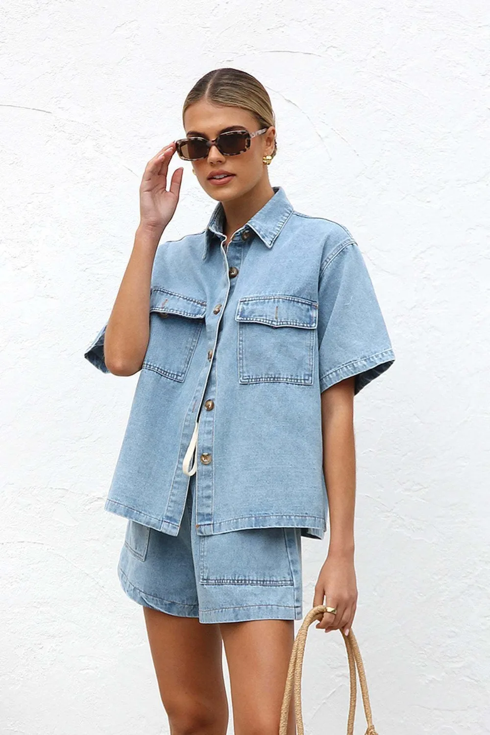 Hazel Blues® |  Collared Neck Button Up Top and Shorts Denim Set