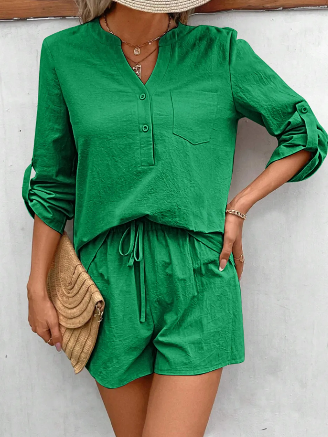 Hazel Blues® |  Notched Long Sleeve Top and Shorts Set