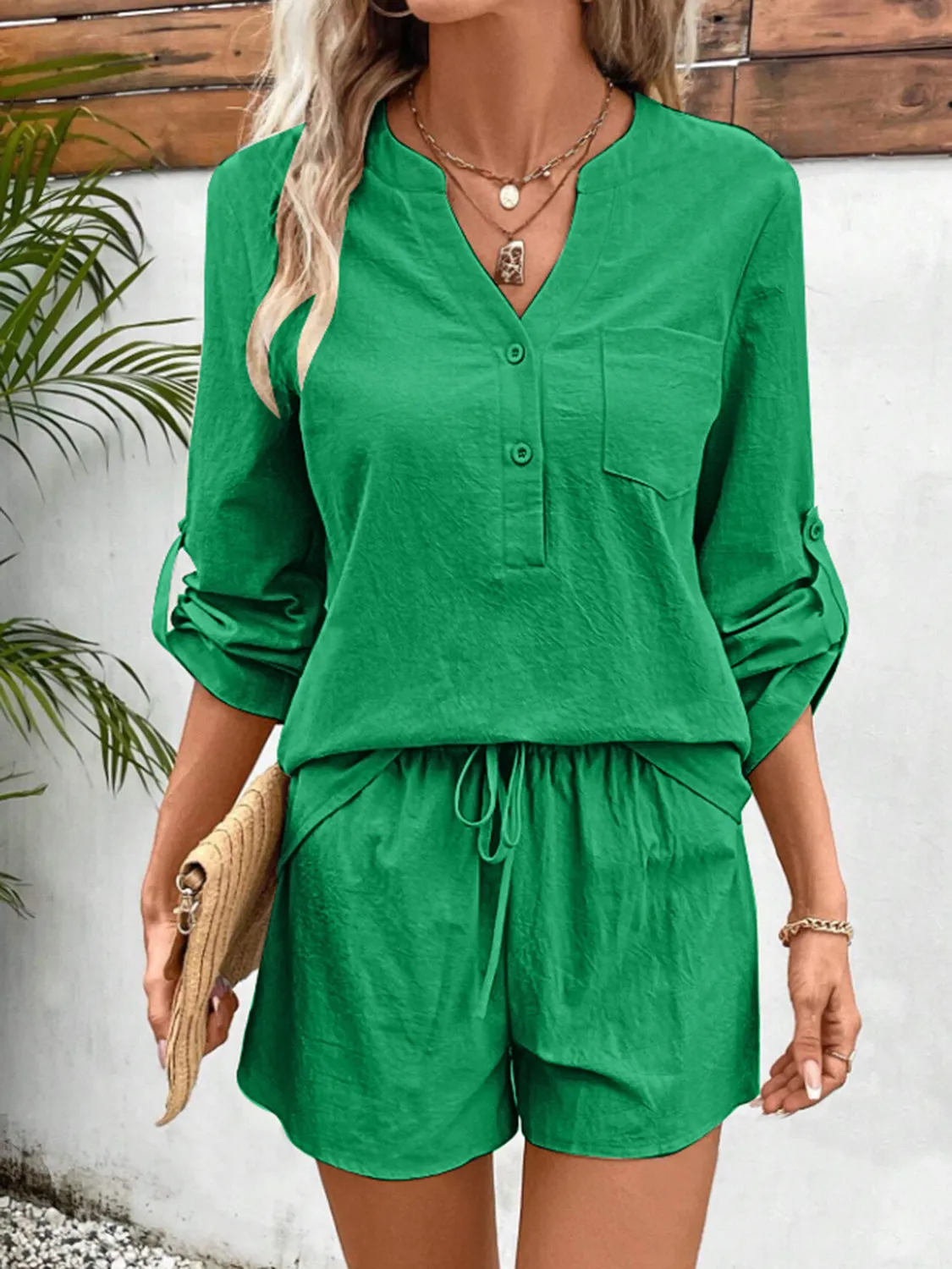 Hazel Blues® |  Notched Long Sleeve Top and Shorts Set
