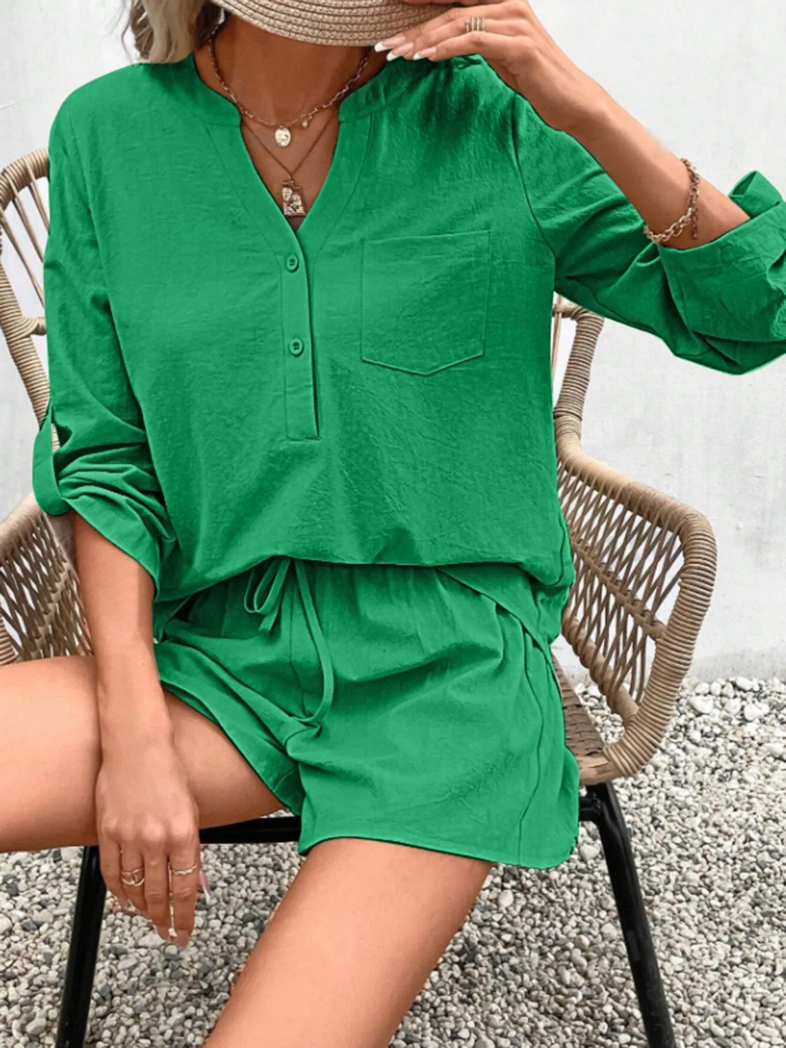 Hazel Blues® |  Notched Long Sleeve Top and Shorts Set