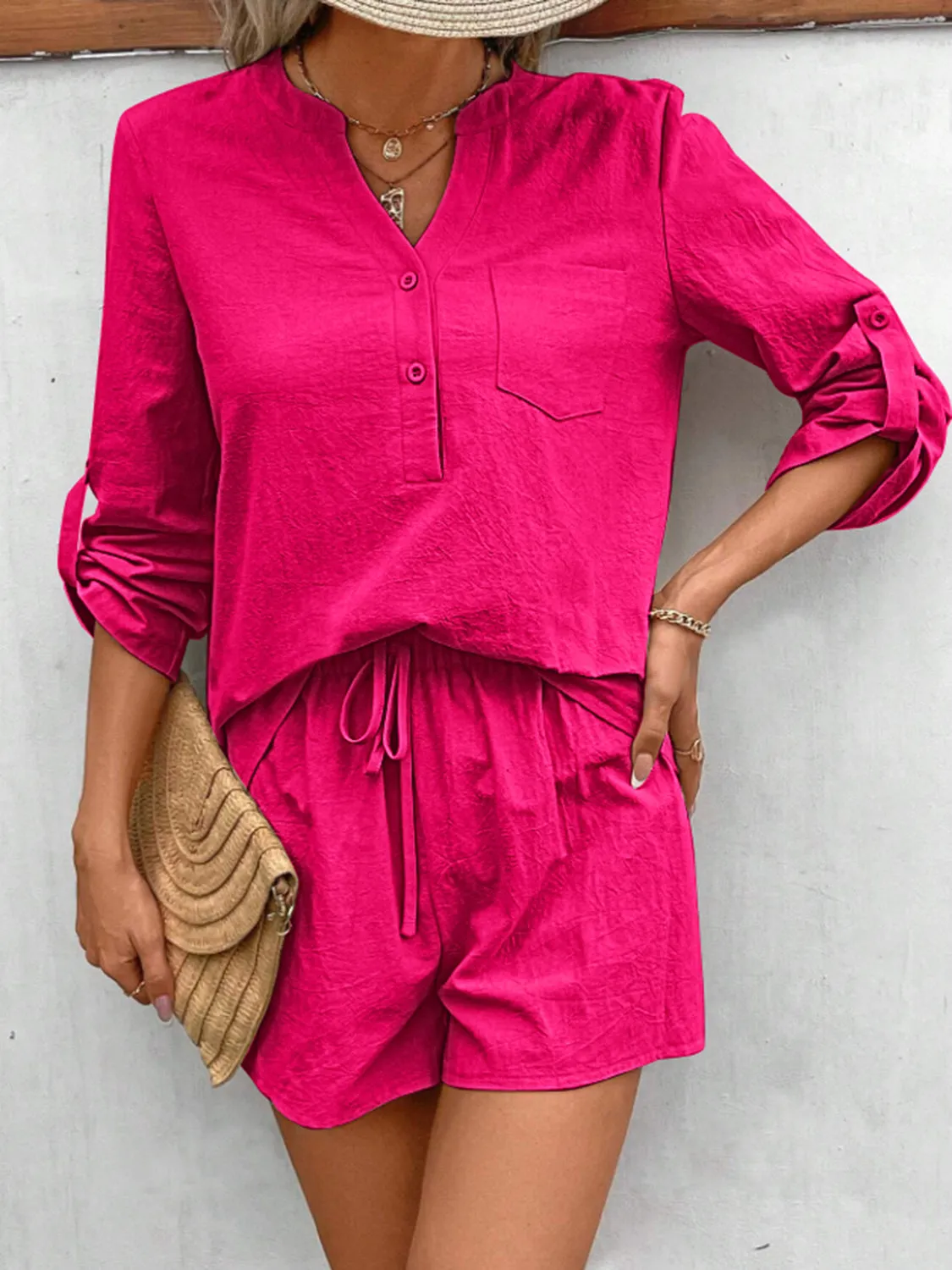 Hazel Blues® |  Notched Long Sleeve Top and Shorts Set