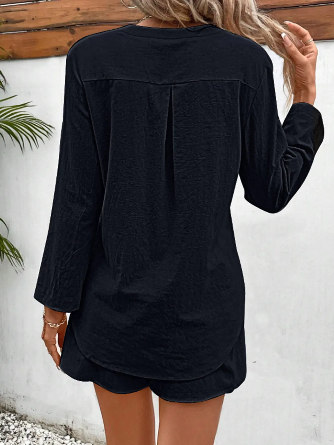 Hazel Blues® |  Notched Long Sleeve Top and Shorts Set