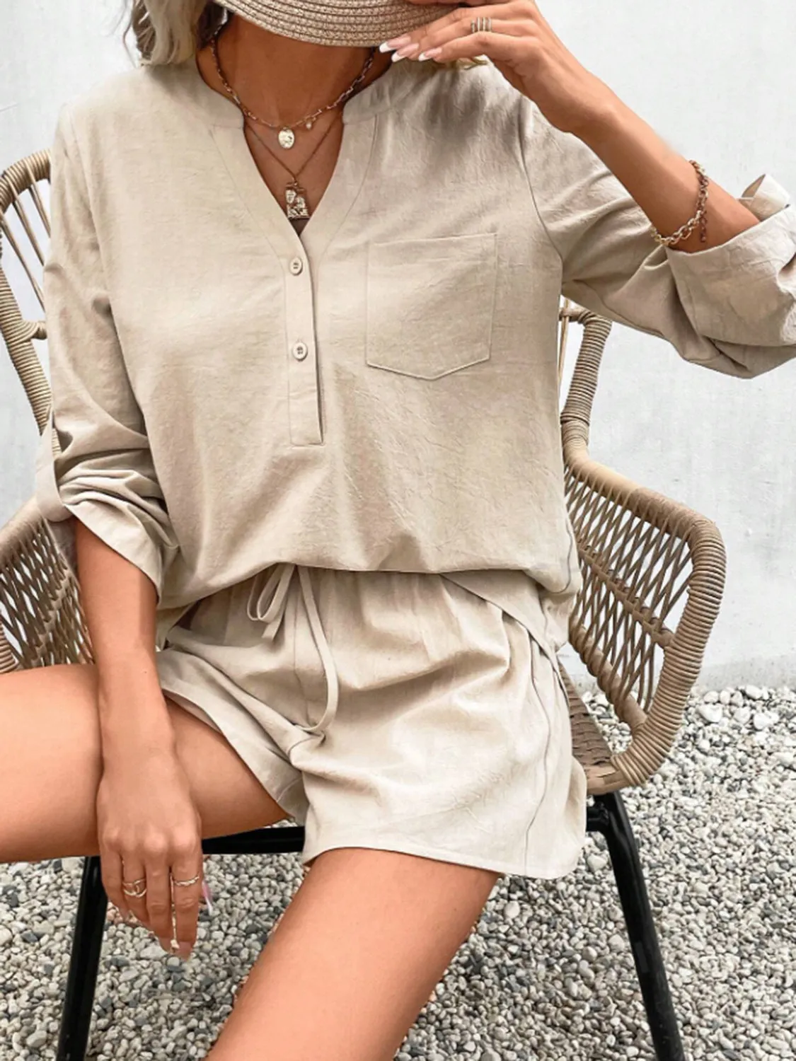 Hazel Blues® |  Notched Long Sleeve Top and Shorts Set