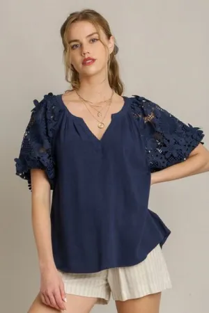 Hazel Blues® | Umgee French Terry Boxy Cut Top with 3D Floral Sleeve