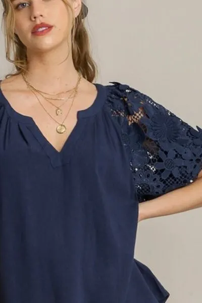 Hazel Blues® | Umgee French Terry Boxy Cut Top with 3D Floral Sleeve