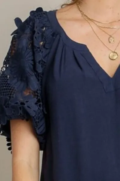 Hazel Blues® | Umgee French Terry Boxy Cut Top with 3D Floral Sleeve