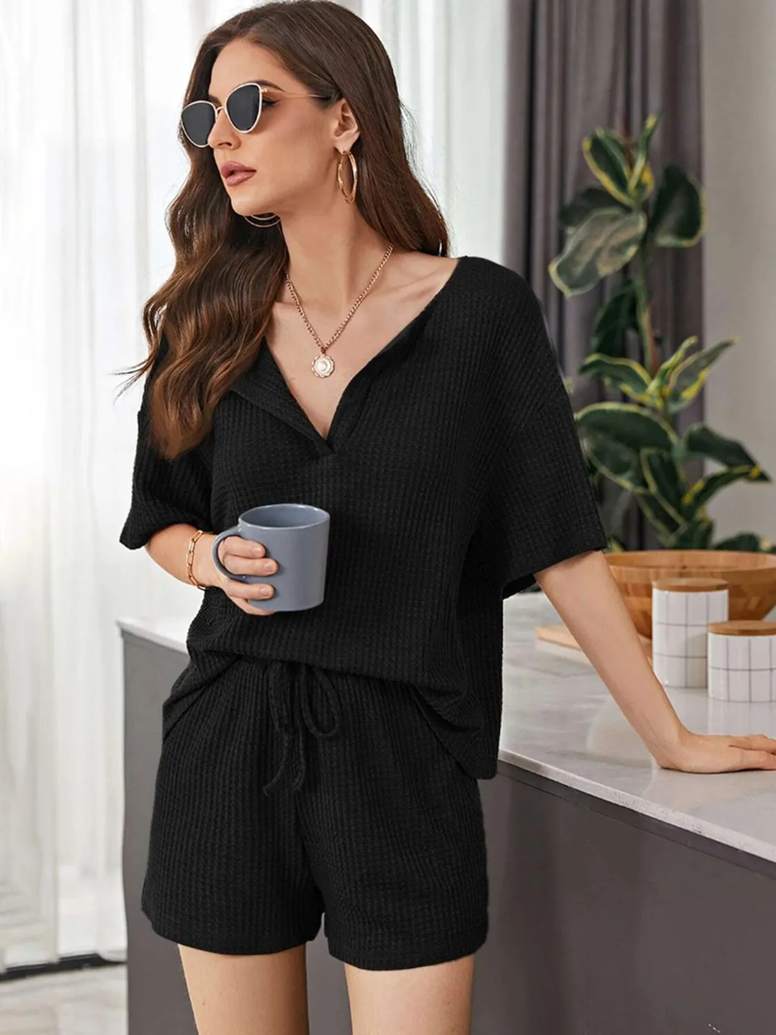 Hazel Blues® |  Waffle-Knit Dropped Shoulder Top and Shorts Set