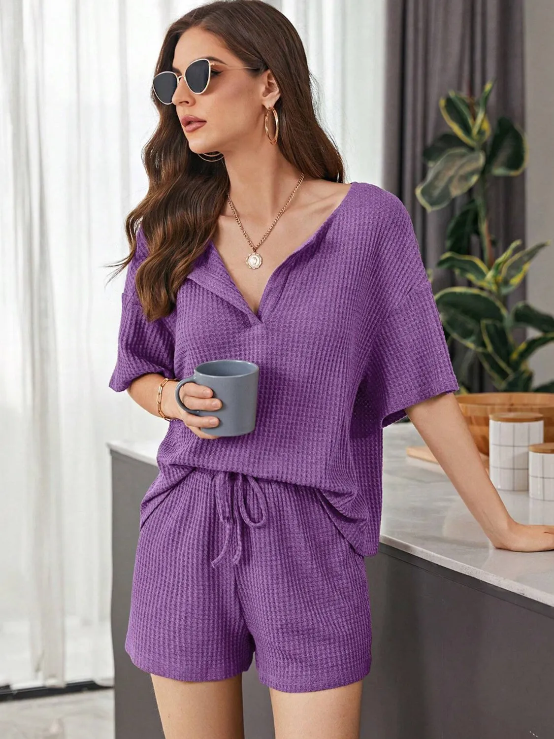 Hazel Blues® |  Waffle-Knit Dropped Shoulder Top and Shorts Set