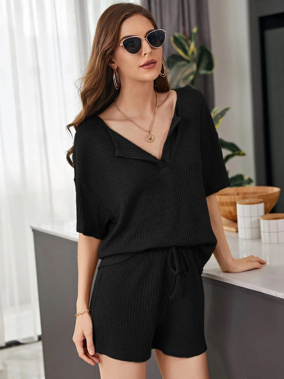 Hazel Blues® |  Waffle-Knit Dropped Shoulder Top and Shorts Set