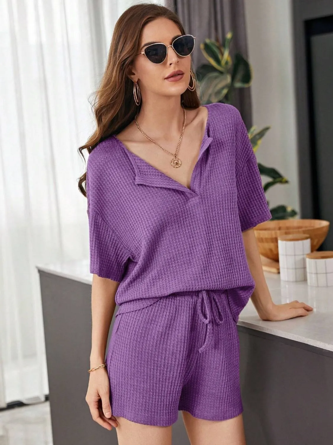 Hazel Blues® |  Waffle-Knit Dropped Shoulder Top and Shorts Set