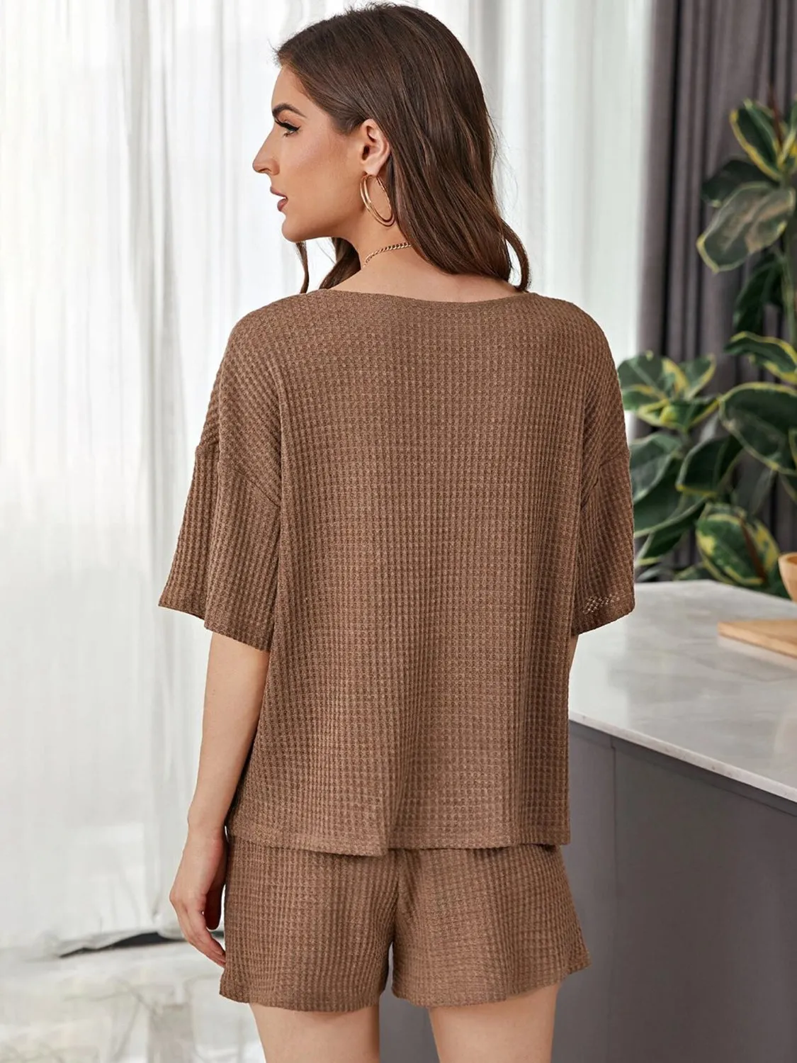 Hazel Blues® |  Waffle-Knit Dropped Shoulder Top and Shorts Set