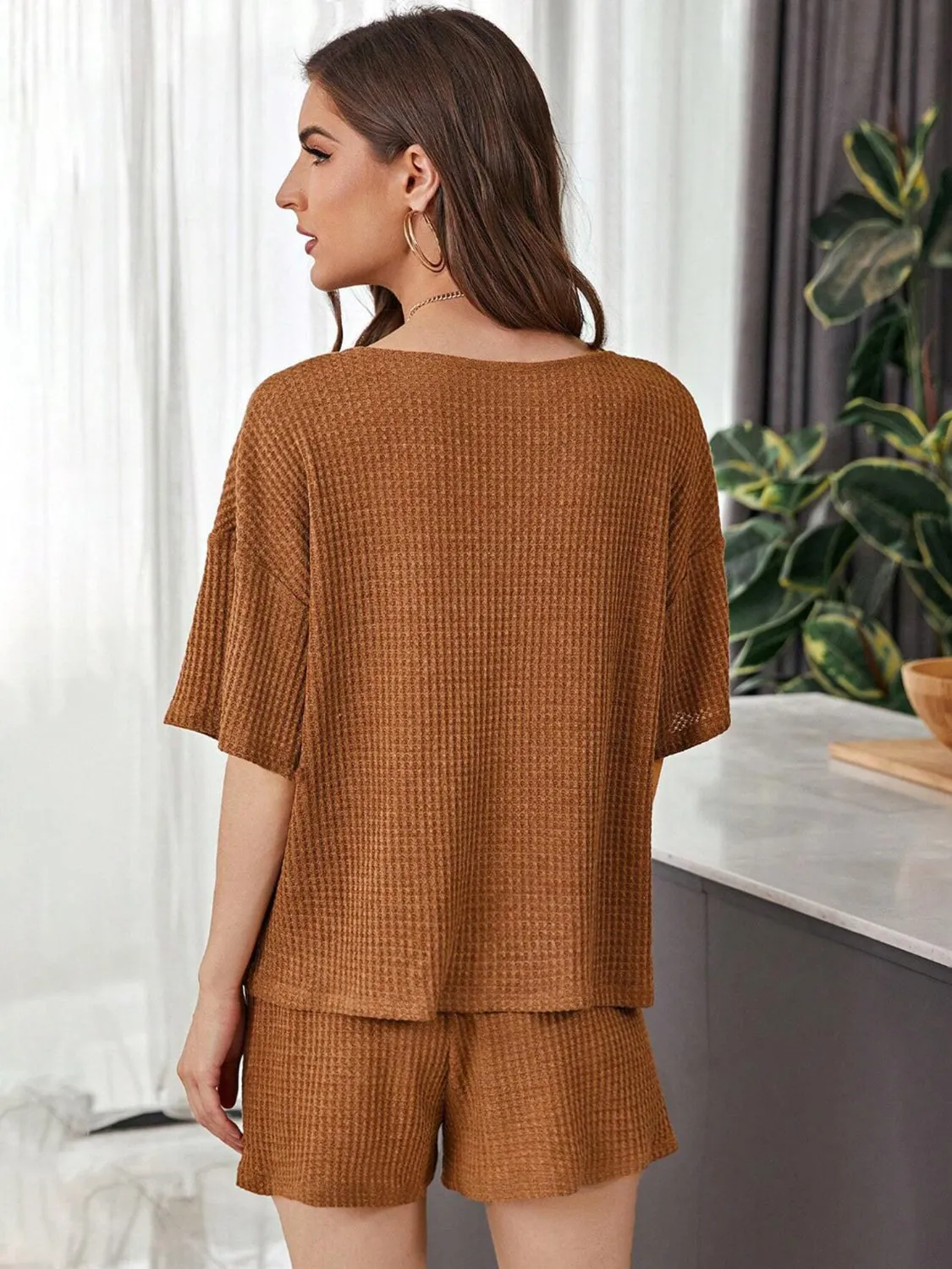 Hazel Blues® |  Waffle-Knit Dropped Shoulder Top and Shorts Set