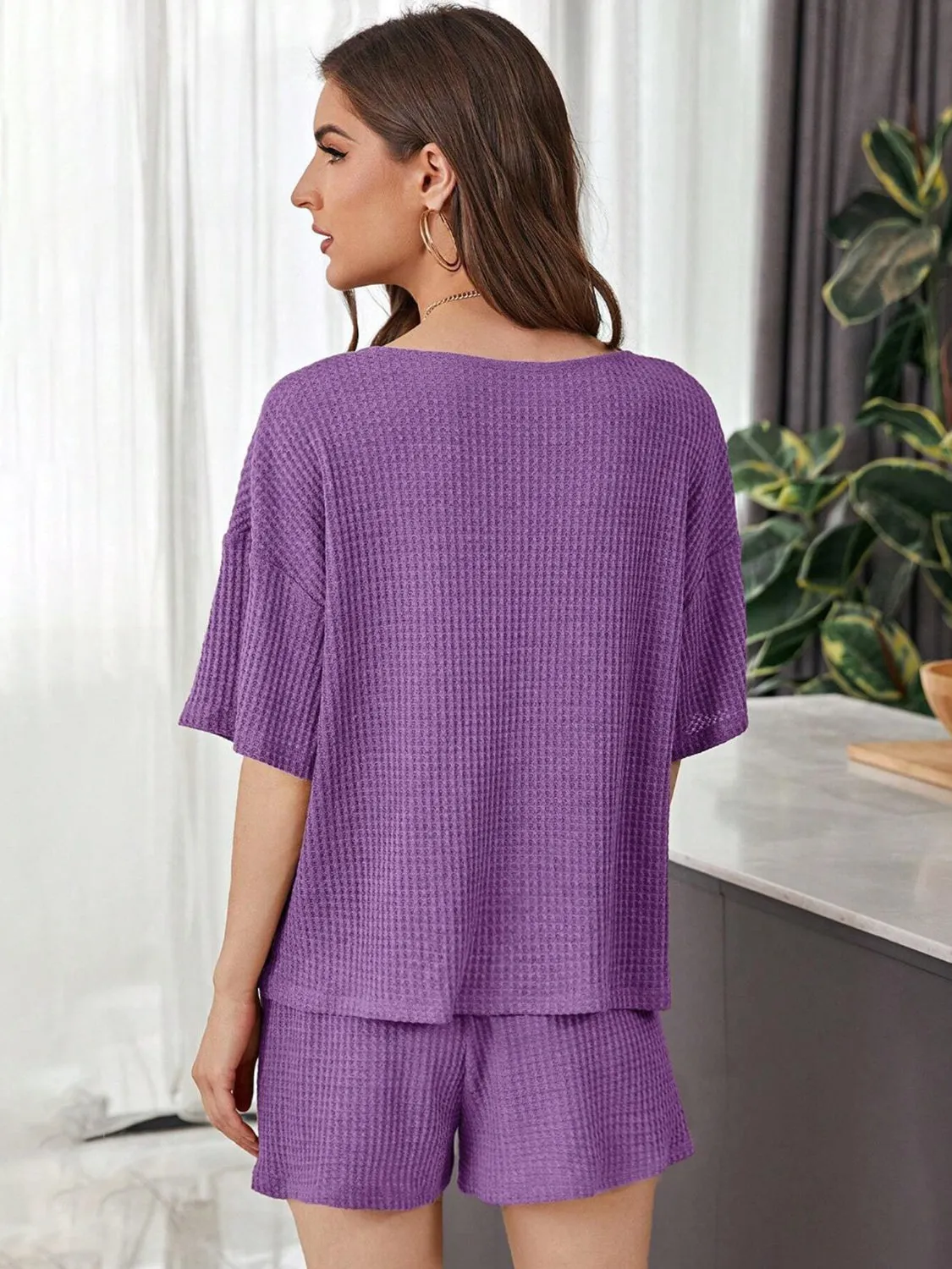 Hazel Blues® |  Waffle-Knit Dropped Shoulder Top and Shorts Set