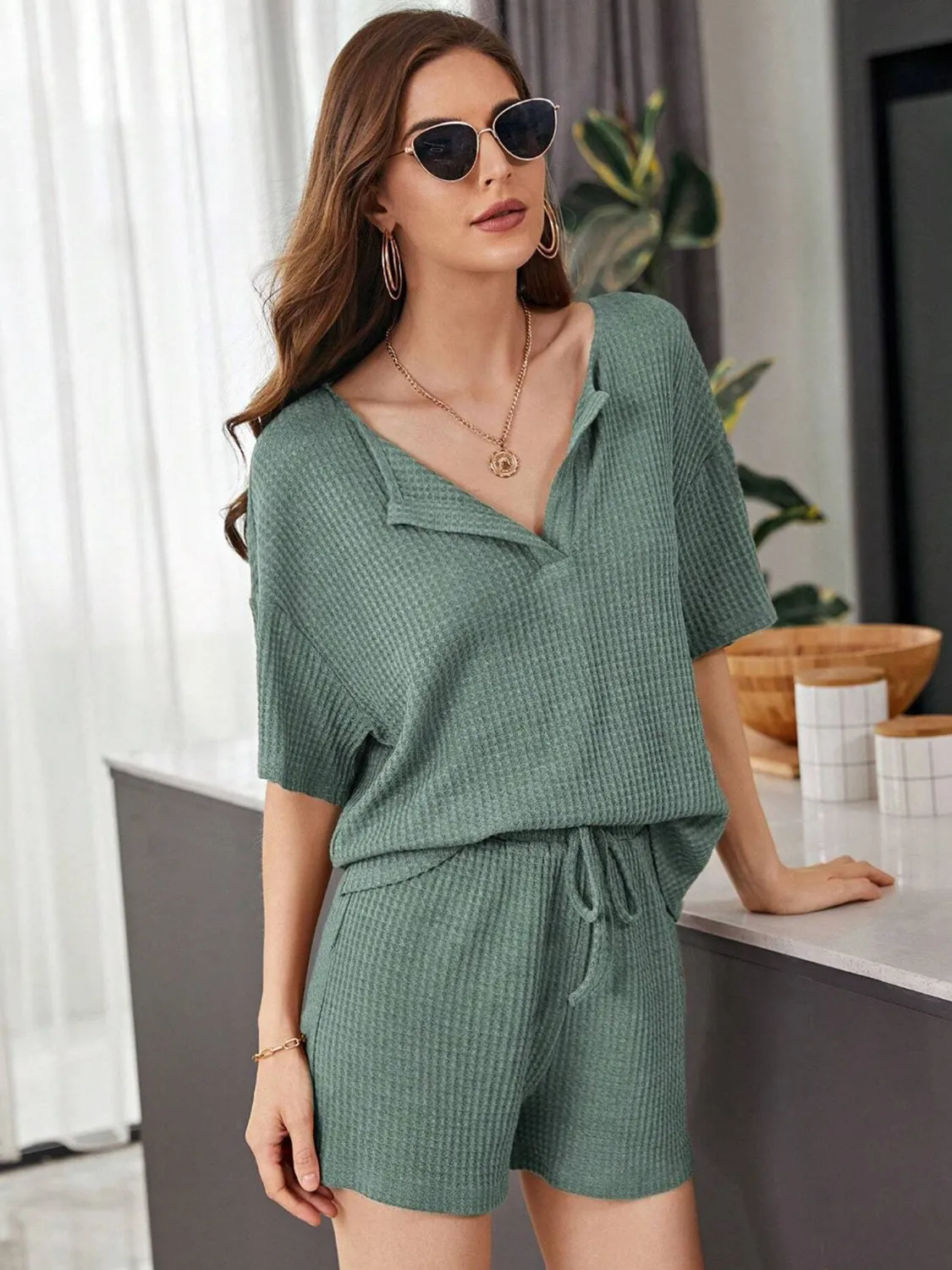 Hazel Blues® |  Waffle-Knit Dropped Shoulder Top and Shorts Set