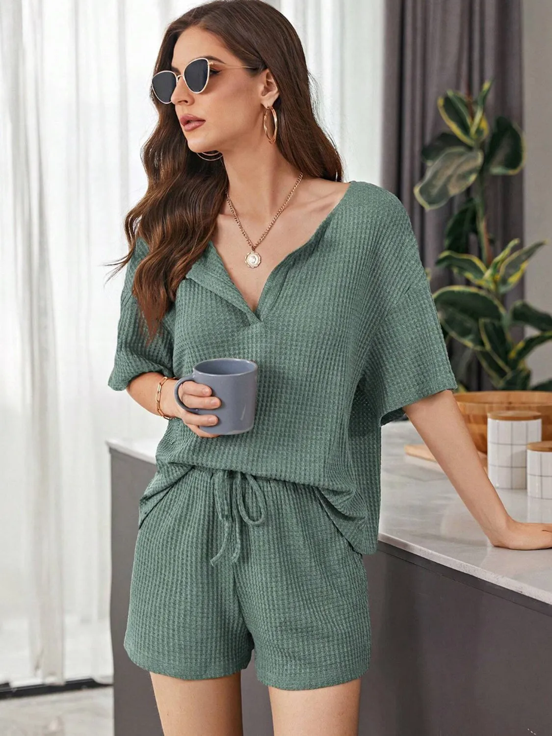 Hazel Blues® |  Waffle-Knit Dropped Shoulder Top and Shorts Set