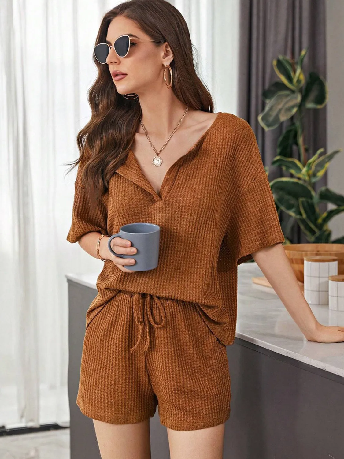 Hazel Blues® |  Waffle-Knit Dropped Shoulder Top and Shorts Set