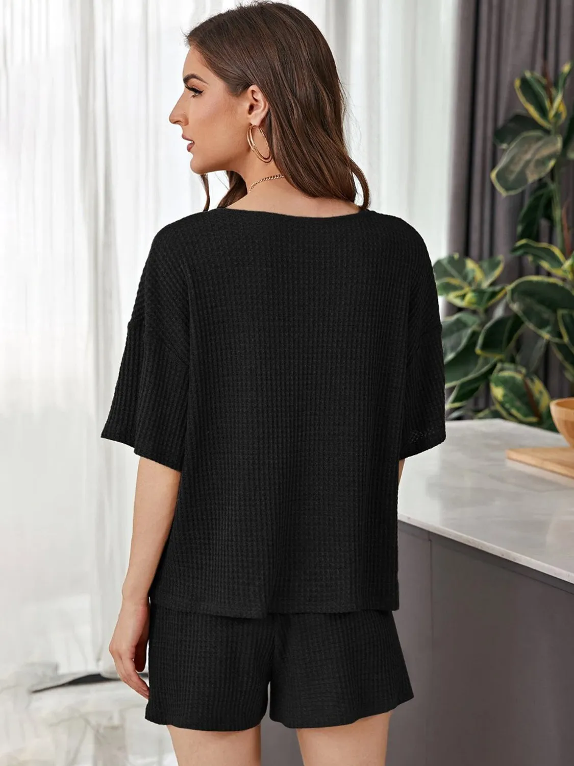 Hazel Blues® |  Waffle-Knit Dropped Shoulder Top and Shorts Set