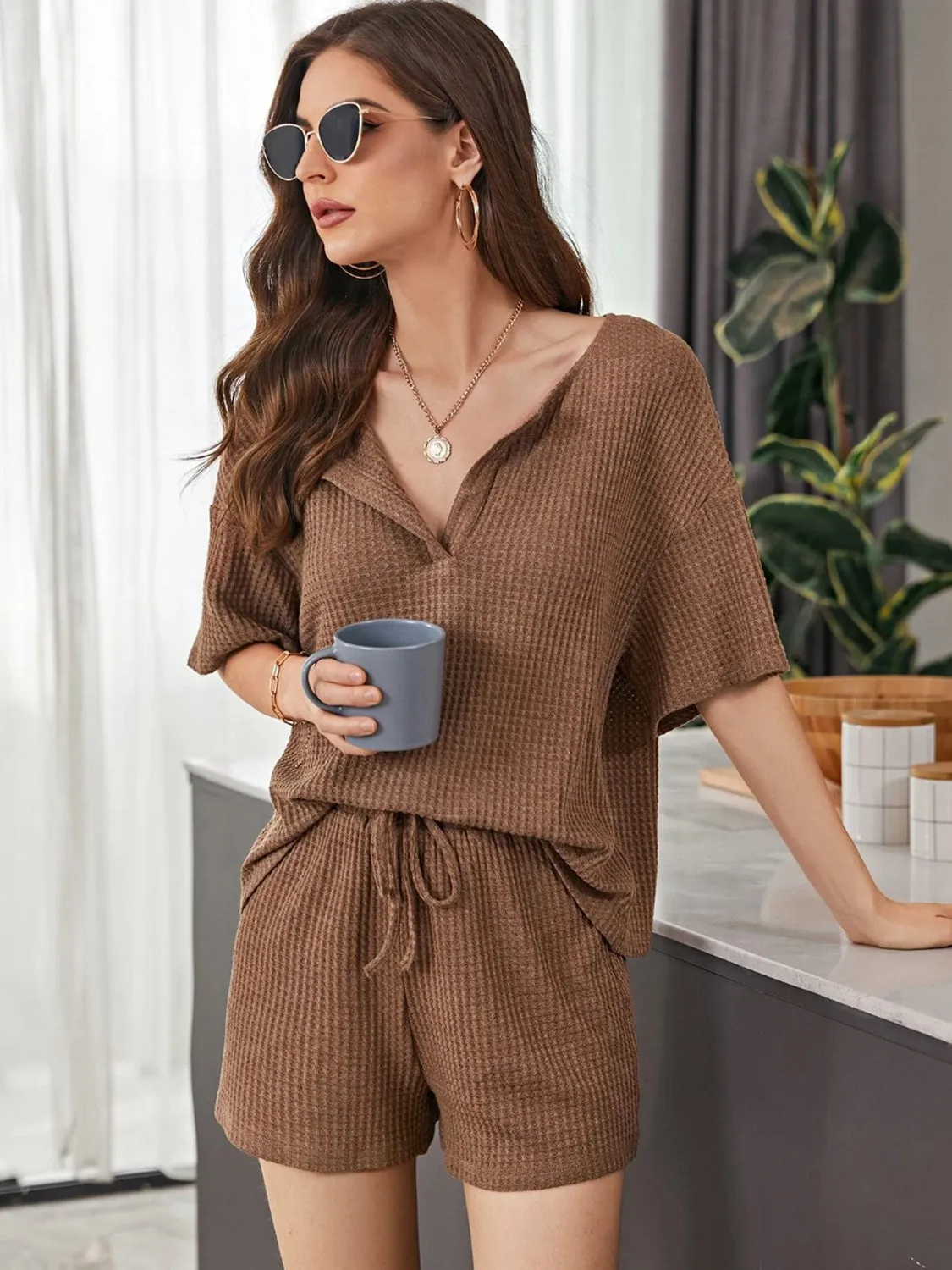 Hazel Blues® |  Waffle-Knit Dropped Shoulder Top and Shorts Set