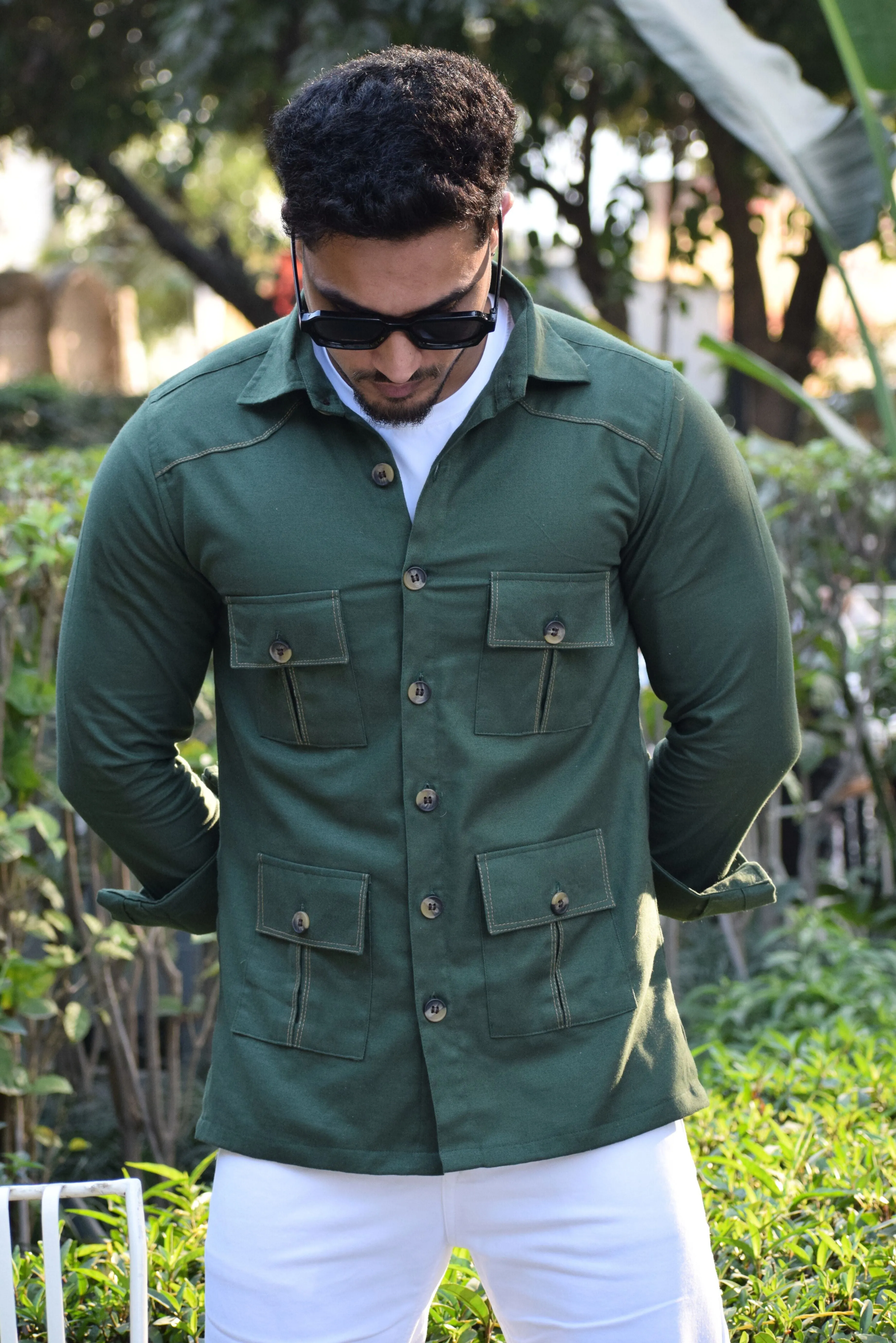 Hunter-Green Cotton Twill Hunting Style Shirt