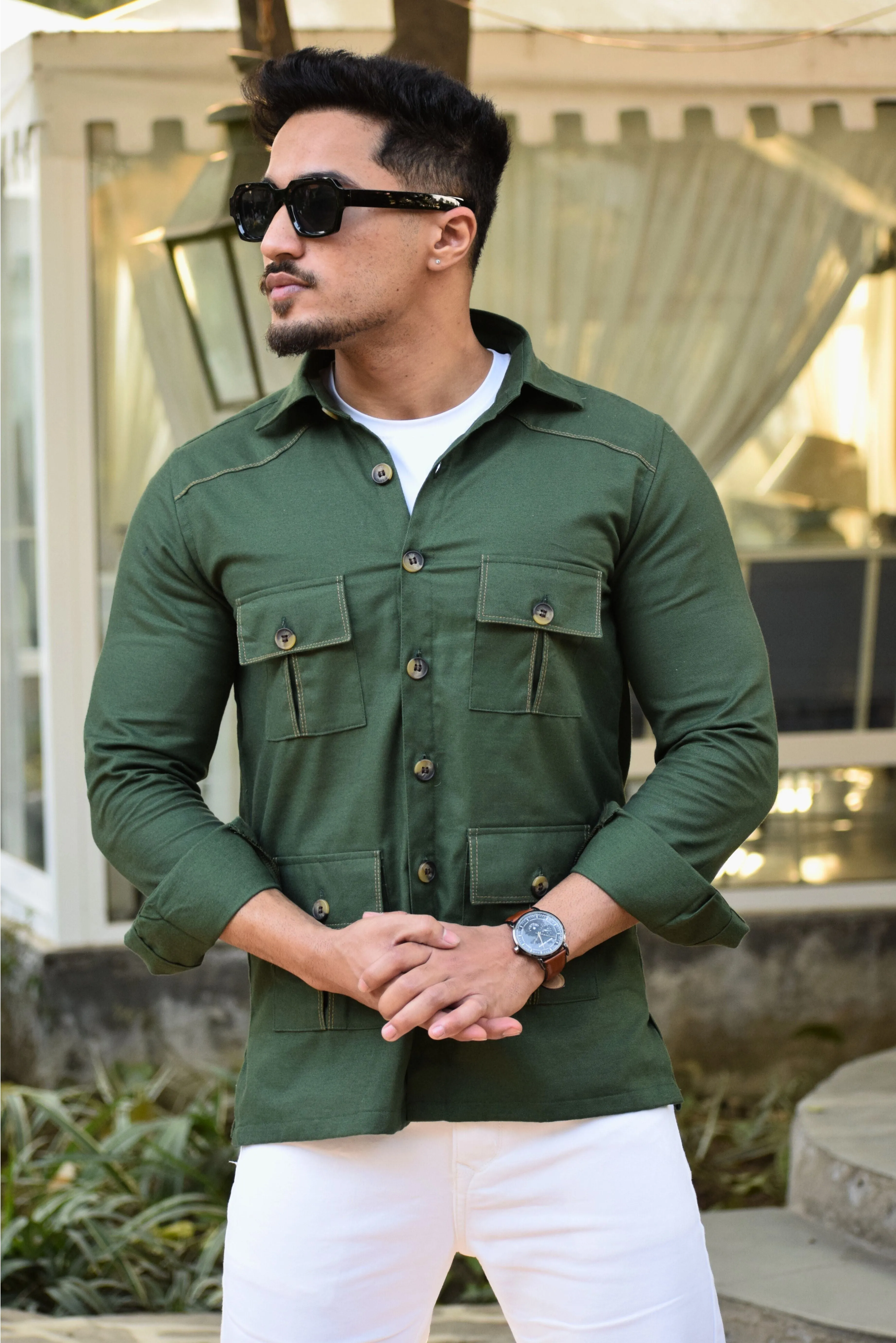 Hunter-Green Cotton Twill Hunting Style Shirt
