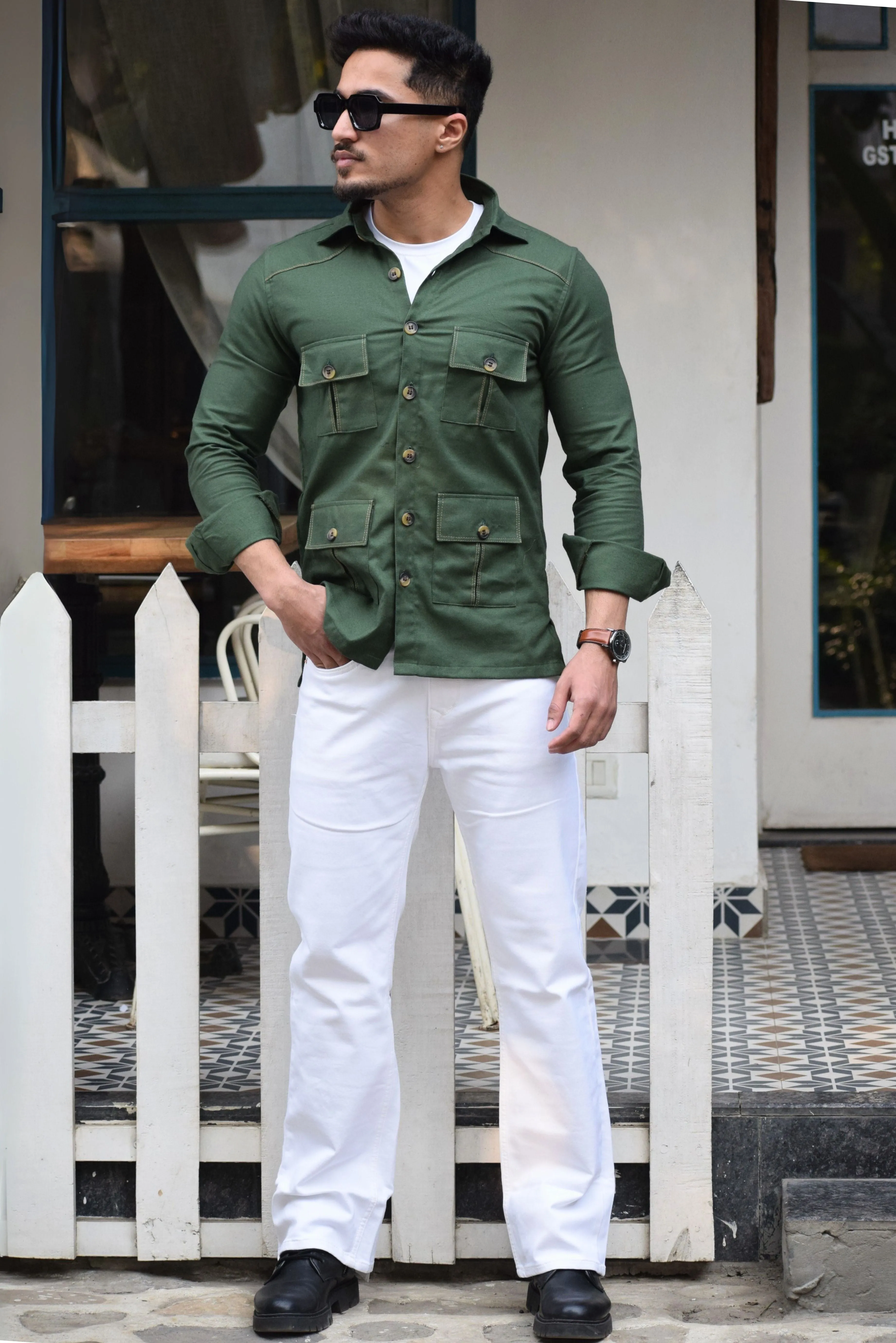 Hunter-Green Cotton Twill Hunting Style Shirt