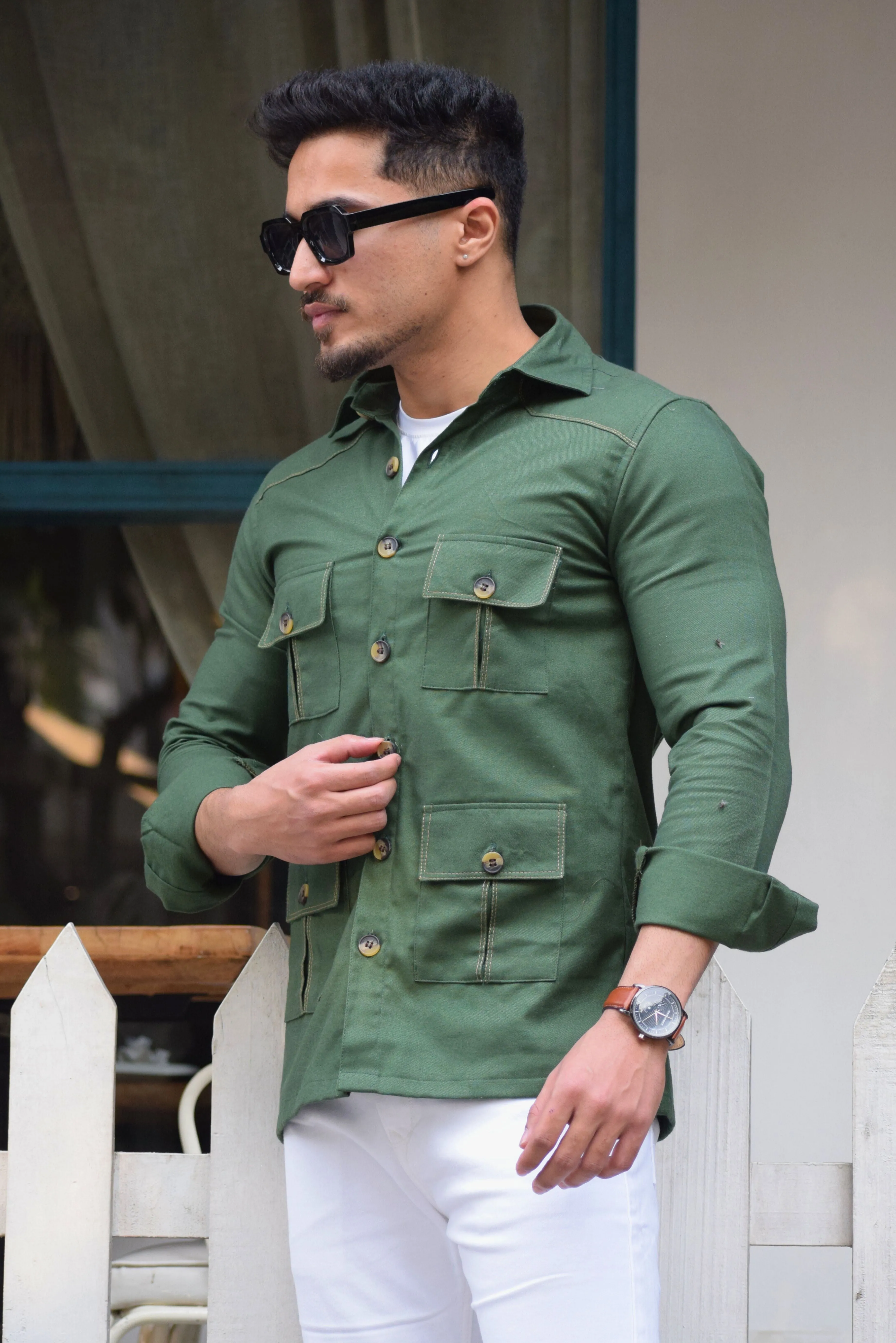 Hunter-Green Cotton Twill Hunting Style Shirt