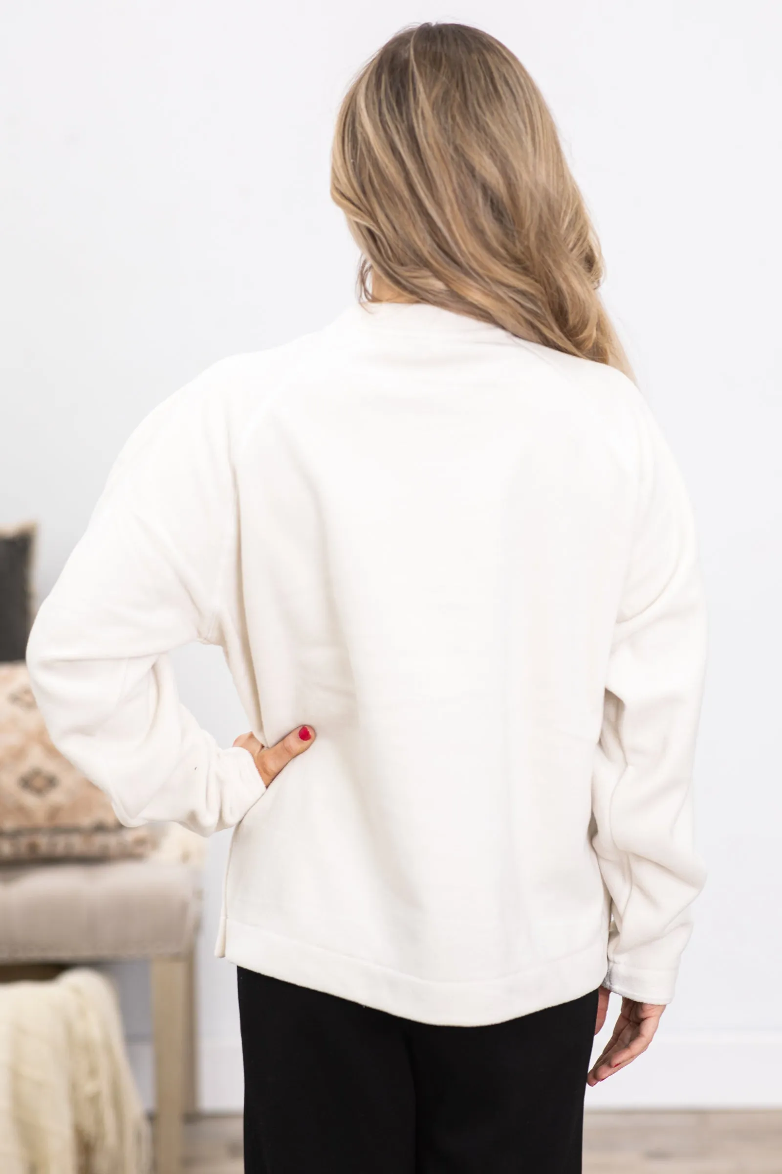 Ivory Boxy Fleece Crewneck Pullover Top