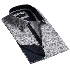 Light Grey Floral Mens Slim Fit French Cuff Shirts with Cufflink Holes