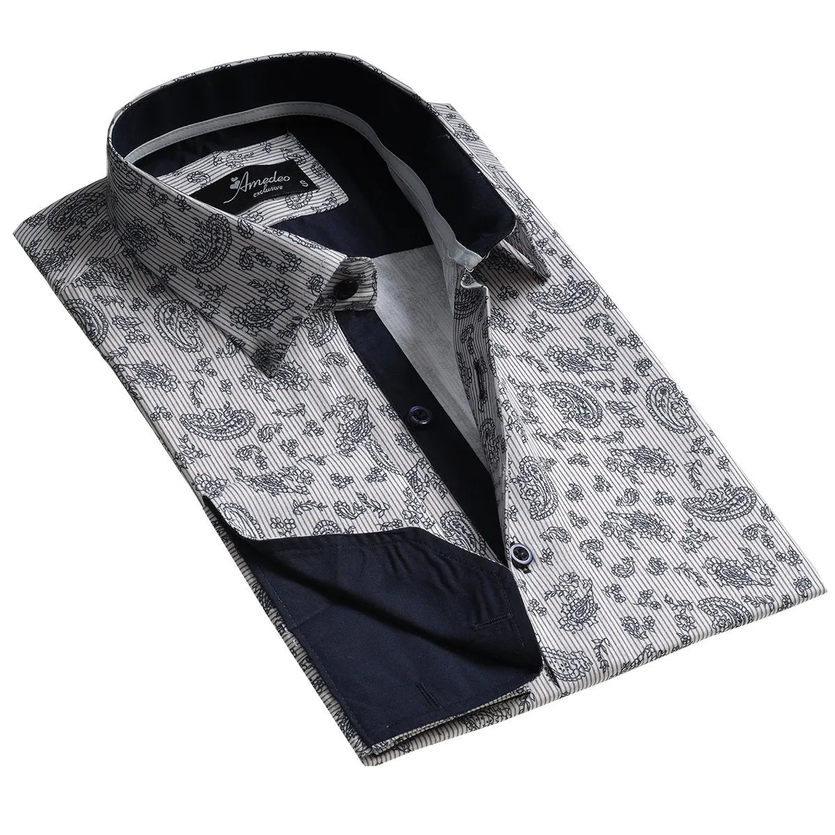 Light Grey Floral Mens Slim Fit French Cuff Shirts with Cufflink Holes