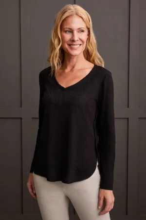 Long Sleeve V-Neck Top with Curved Hem