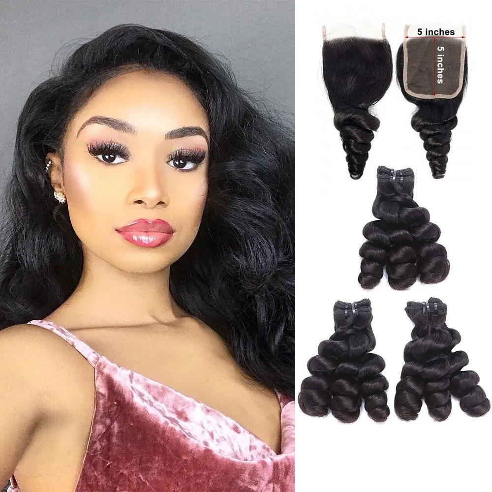 Loose Wave 5x5 Closure with 3 Human Hair Weave Bundles 100% Unprocessed Virgin Hair