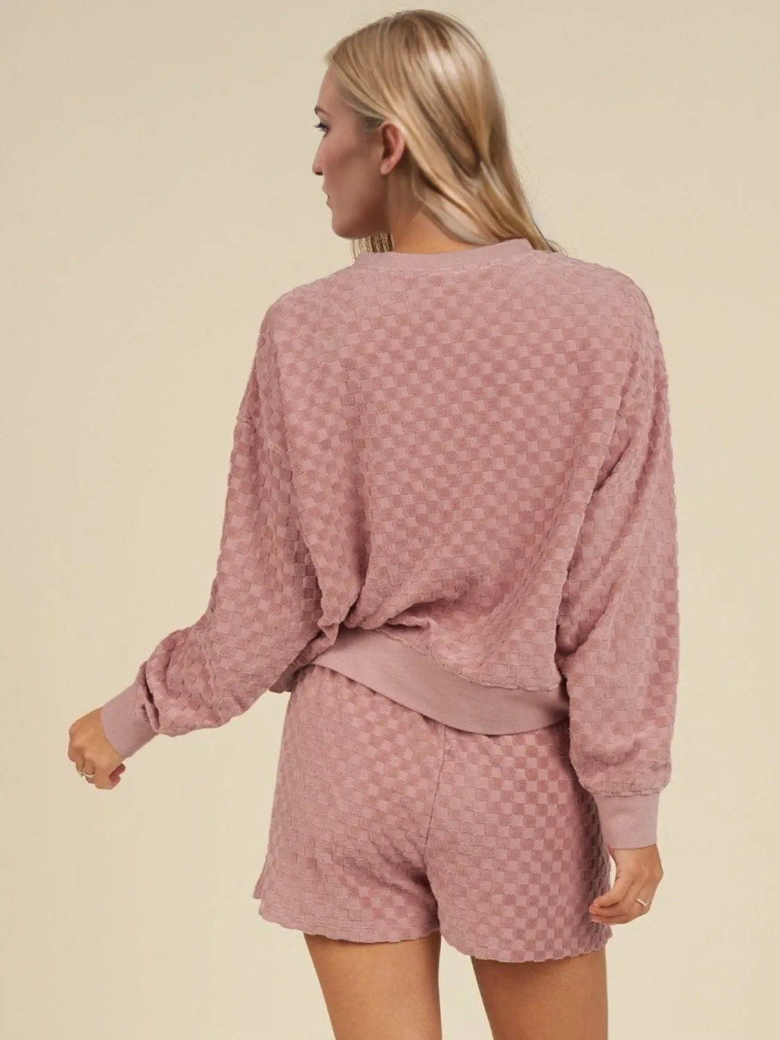 Lucy Checkered Textured Long Sleeve Top and Shorts Set (Ships in 2-3 Weeks)