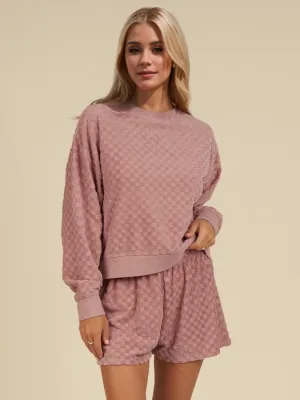 Lucy Checkered Textured Long Sleeve Top and Shorts Set (Ships in 2-3 Weeks)