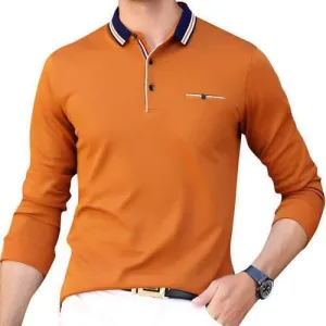 Mens Solid Turn-down Collar Long Sleeve Golf Shirt