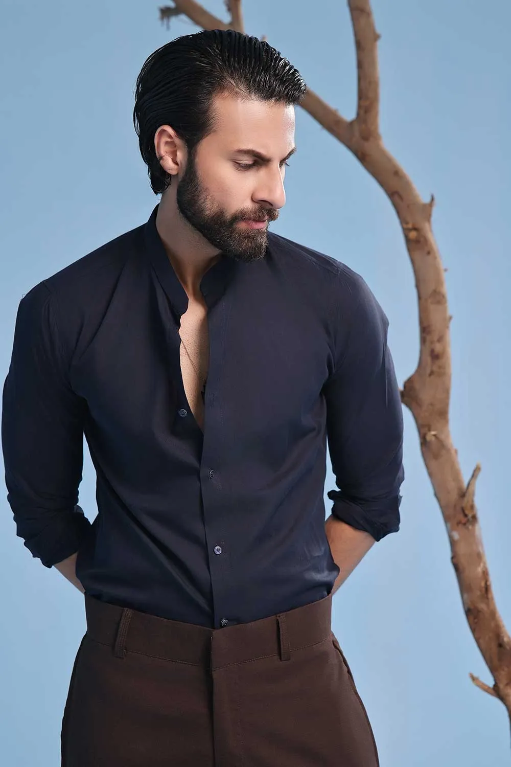 Navy Blue Linen Blend Stand-Up Collar Shirt