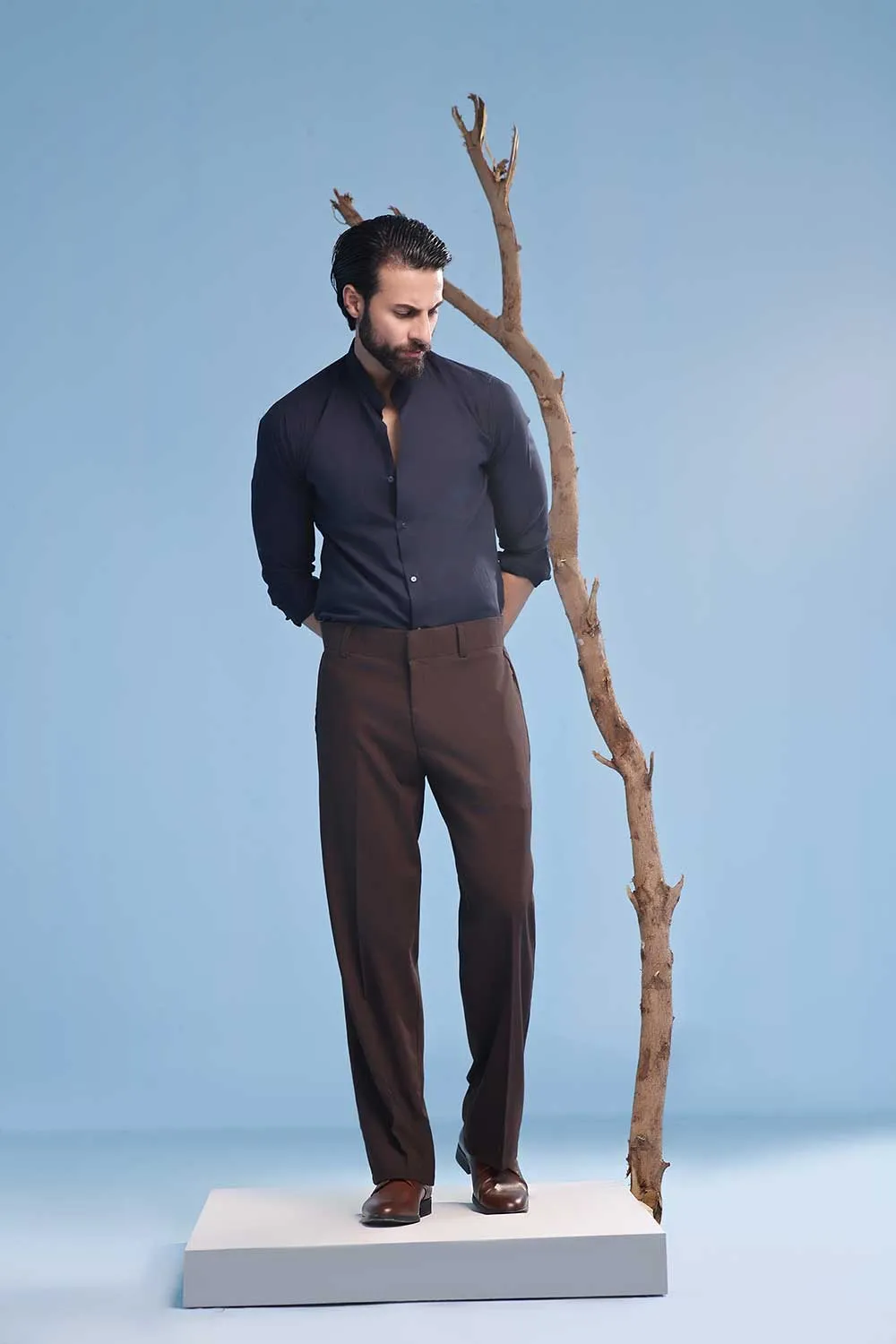 Navy Blue Linen Blend Stand-Up Collar Shirt