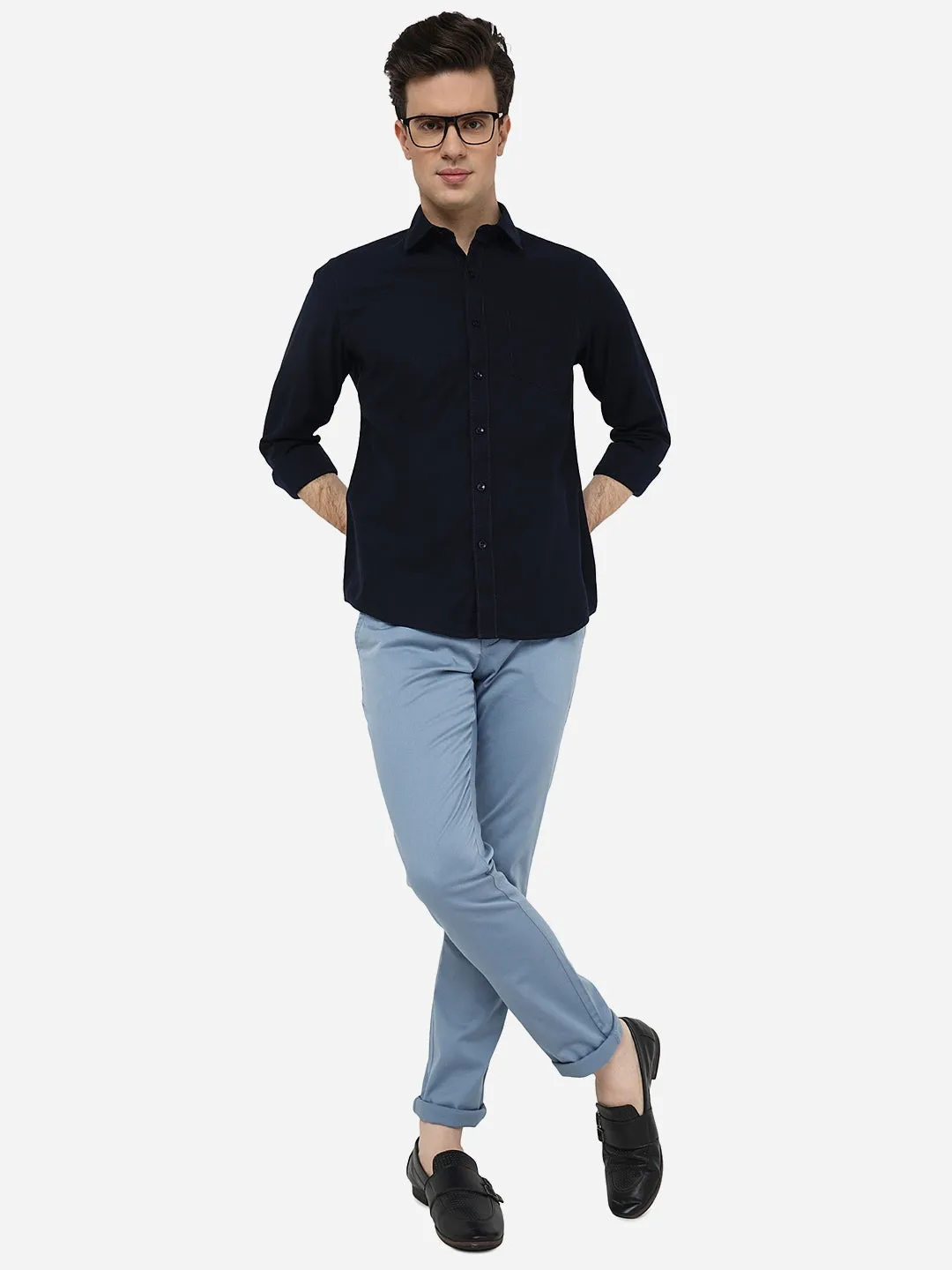 Navy Blue Solid Smart Fit Semi Casual Shirt | Greenfibre