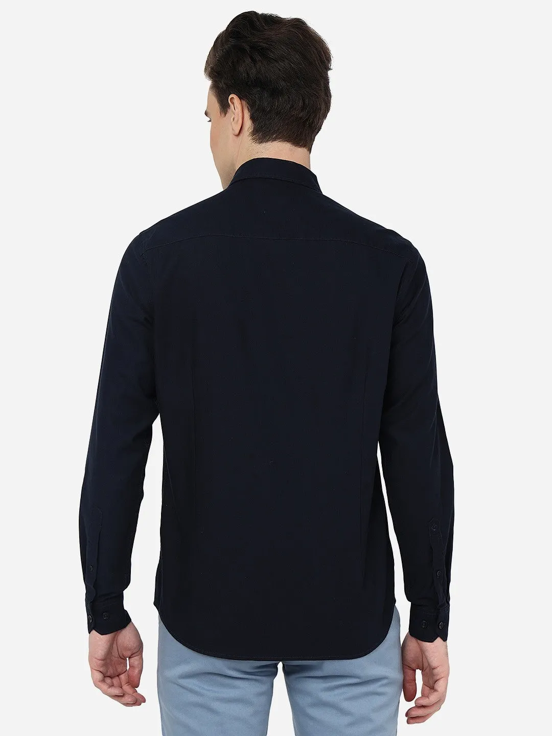 Navy Blue Solid Smart Fit Semi Casual Shirt | Greenfibre
