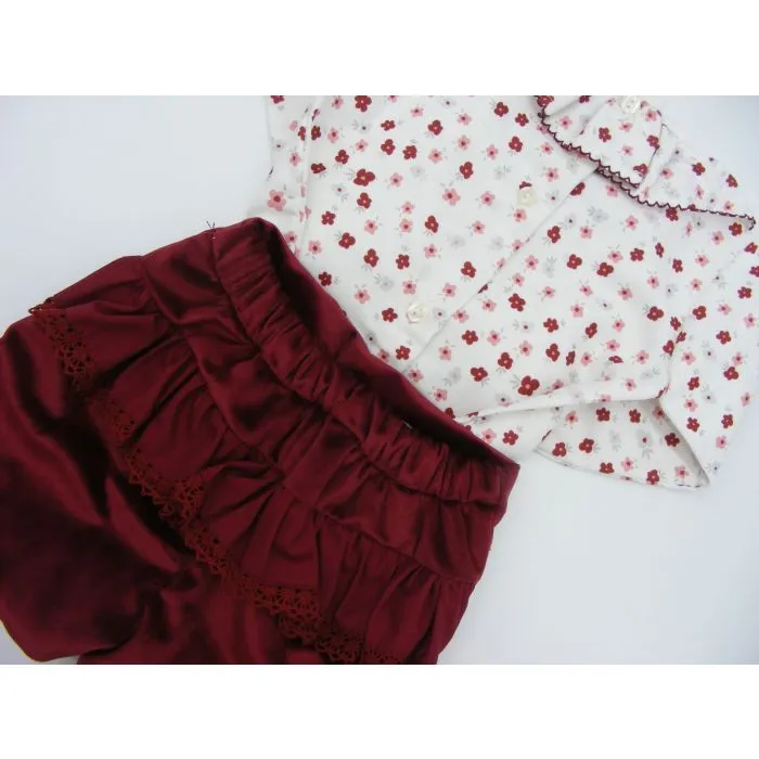 Niña y Niños Burgundy Velvet Frill Shorts and Blouse Set
