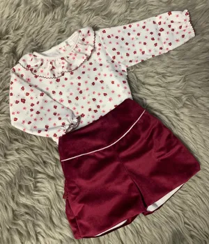 Niña y Niños Burgundy Velvet Frill Shorts and Blouse Set