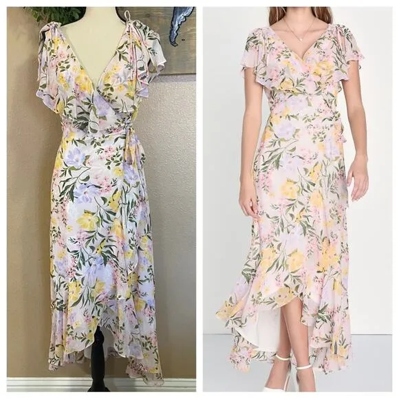 NWOT Lulus Elevated Sweetie Light Pink Floral Ruffled High-Low Wrap Dress